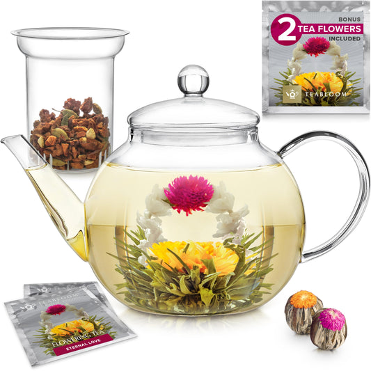 Teabloom Stovetop & Microwave Safe Glass Teapot with Removable Loose Tea Glass Infuser – Includes 2