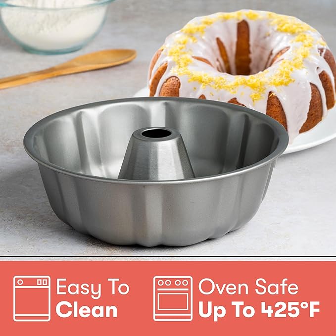 Cooking Light Heavy Duty Nonstick Bakeware Carbon Steel Fluted Tube Bundt Pan with Quick Release Coating, Manufactured without PFOA, Dishwasher Safe, Oven Safe, 9-Inch, Gray