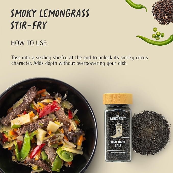 The Salted Roots - Smoked Thai Basil Salt - Infused with Thai Basil, Sauv Blanc, Lemongrass & Pomegranate - Applewood Smoked Black Hawaiian Salt - For Gourmet Cooking & Cocktails - 4oz
