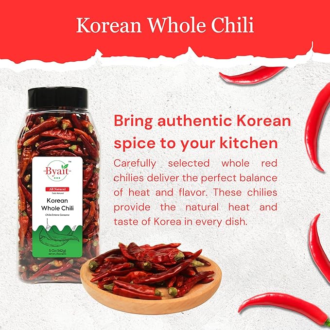 Byait Korean Whole Chili Peppers 5 Oz, Pure Red Chilies for Authentic Korean Cooking, Kimchi, Seasoning, Jeonche Gochu, Perfect for Soups, Stews, Stir-Fries & Spice Blends