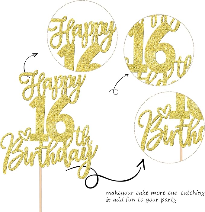 1 PCS Happy 16th Birthday Cake Topper Glitter Cheers to 16 Years Birthday Cake Pick Sixteen Sweet 16 Cake Decoration for Happy 16th Birthday Anniversary Theme Party Decorations Supplies Gold