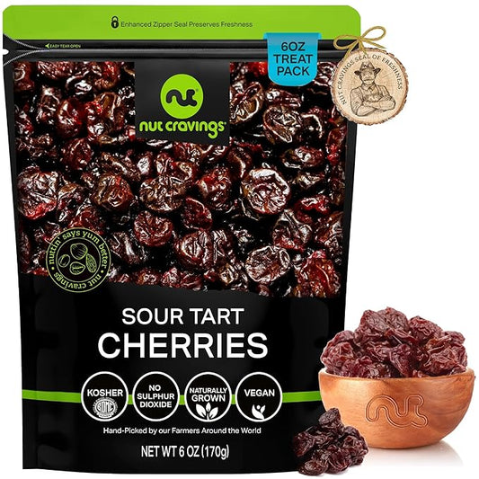 NUT CRAVINGS - Sun Dried Sour Tart Cherries, Lightly Sweetened, Unsulphured (6oz, 1 Pack) Bulk Dry Fruits Packed Fresh in Resealable Bag - Sweet Healthy Snack, Naturally Grown, Vegan, Kosher