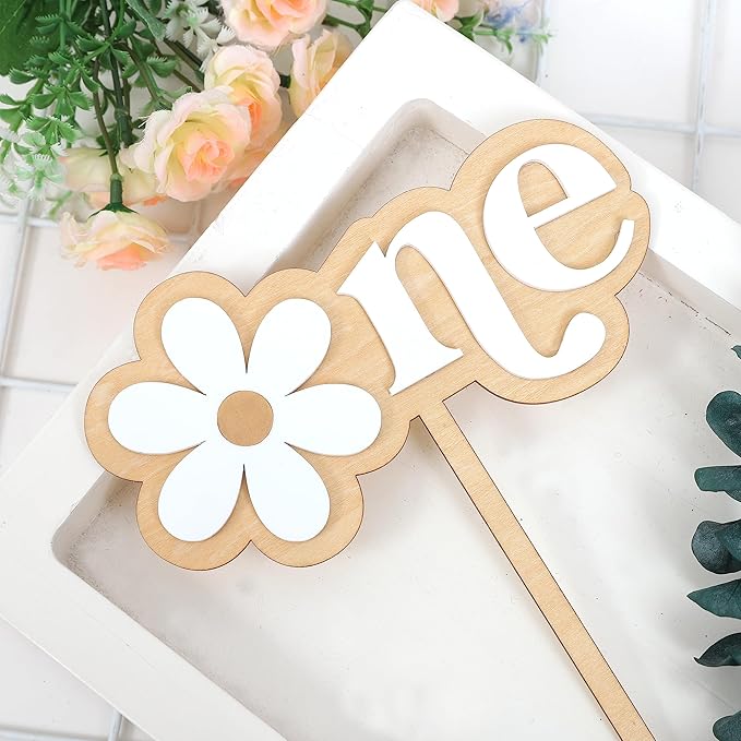 Wooden Daisy Cake Topper For 1st Birthday - First Birthday Cake Decoration, Retro Groovy Boho Daisy, Daisy Birthday Party Decor, Best Flower Cake Topper For Baby(Daisy One Cake Topper)