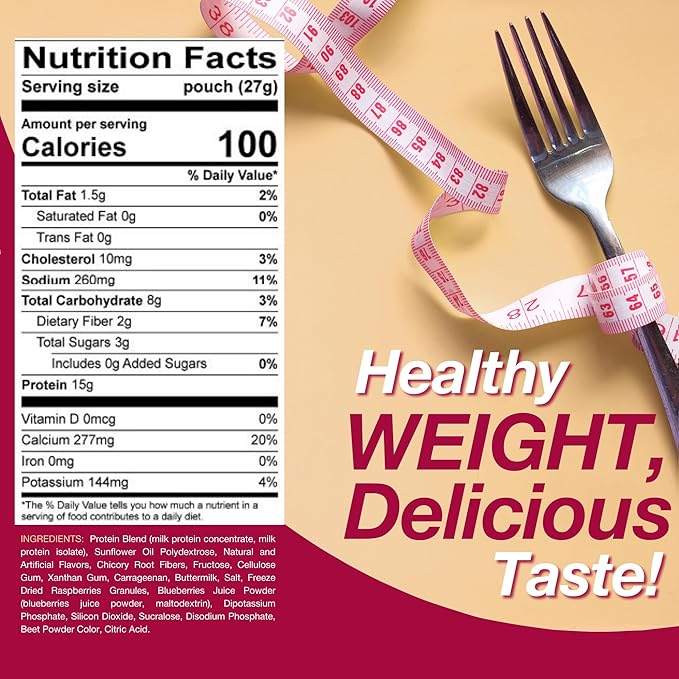 ProtiDiet Meal Replacement High Protein Shake Mix - Berries and Cream - 7 Pouches - Delicious Smoothie Mix with 15g Protein and Low Sugar - 100 Calorie Protein Shake Meal Replacement