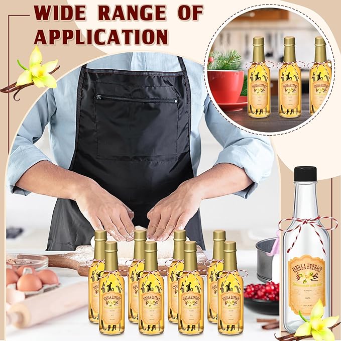 Tioncy 16 Pcs Vanilla Extract Bottles for Homemade Vanilla Jar Glass Bottle with Cap, Shrink Band, Sticker Syrup Gift Food Storage Canister for Bean Sauce Spice(Gold,8.5 oz)
