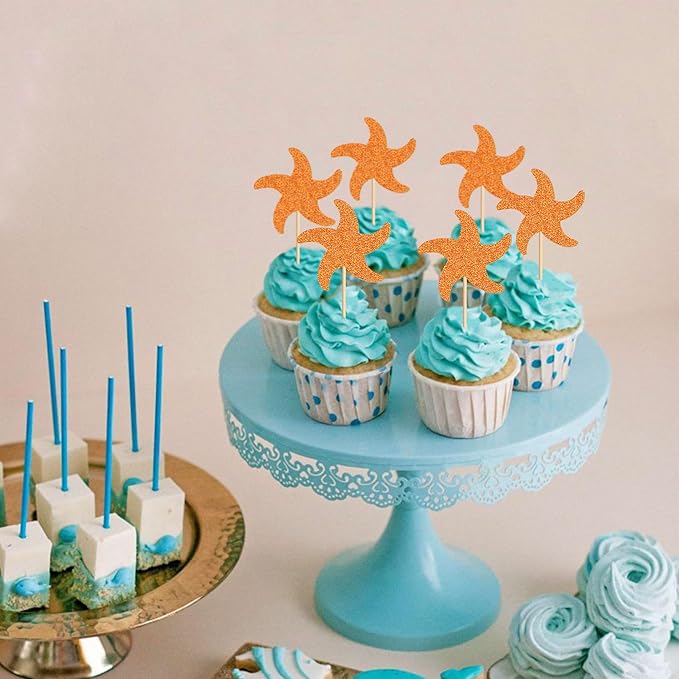 24 PCS Starfish Cupcake Topper Ocean Themed Party Starfish Cupcake Decorations Baby Shower Birthday Party Decorations