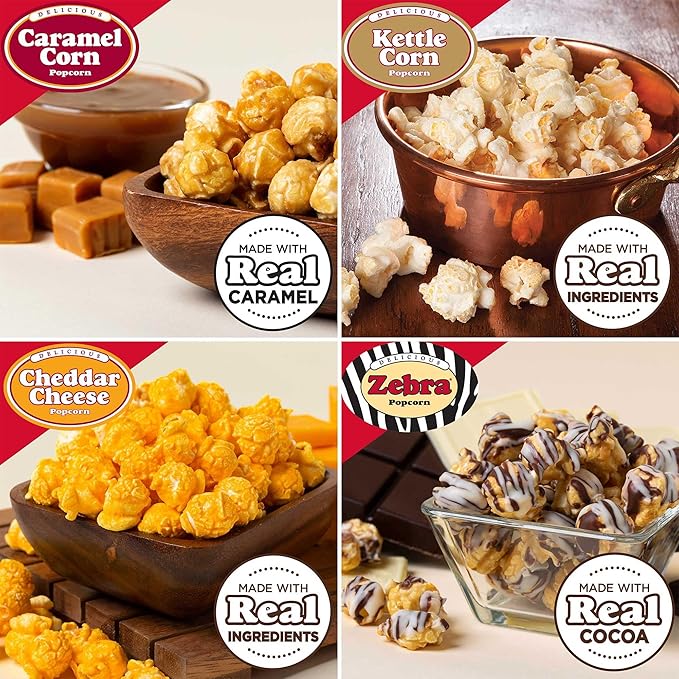 Popcornopolis Gourmet Popcorn Mini Cones Variety Pack ??10 Each of Zebra, Cheddar Cheese, Caramel & Kettle Corn Popcorn, Great for Gifting, Parties & Snacks, (40-Count Case)