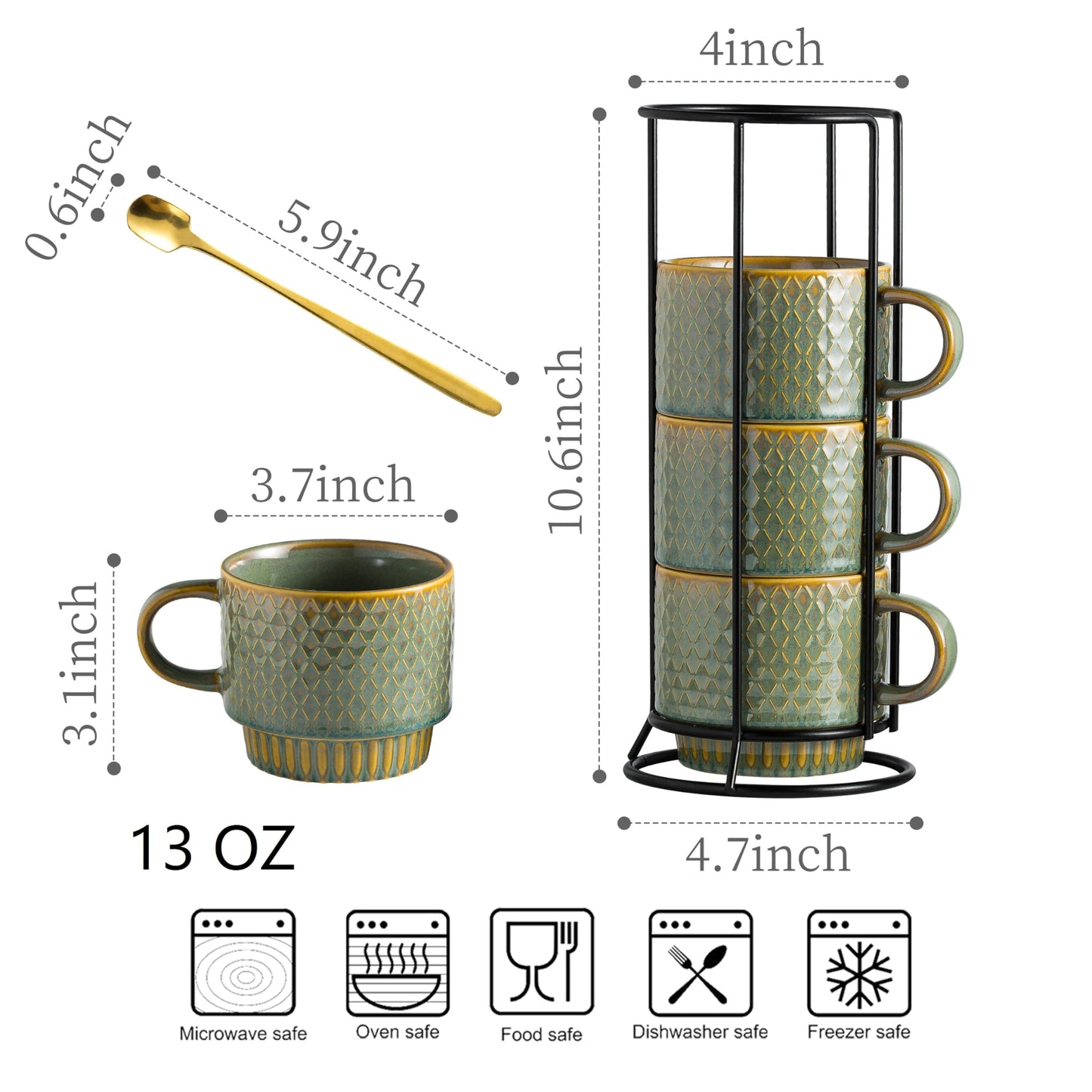 LYEOBOH Coffee Mug, Coffee Mugs Set of 4, Stackable Coffee Mugs with Rack and Spoons - 13 Oz Cup