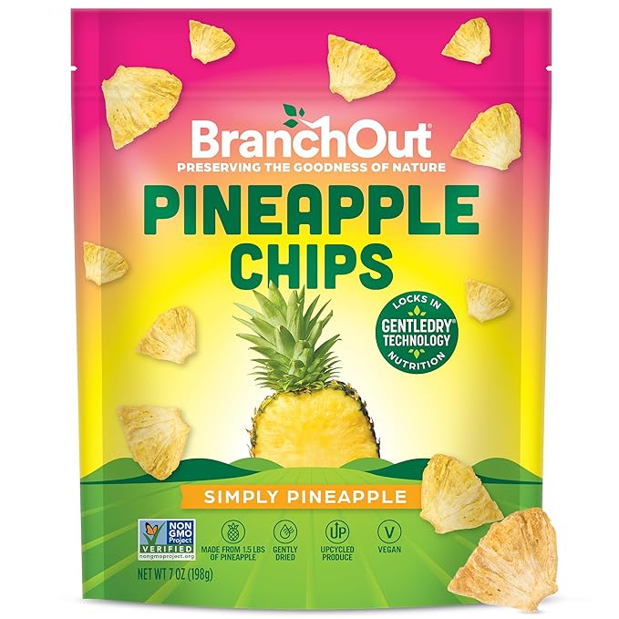 BranchOut Pineapple Chips, No Sugar Added, Real Dried Pineapple Chunks, GentleDry, Better than Freeze Dried Pineapple, Healthy Vegan Fruit Snacks for Kids & Adults, 7 oz