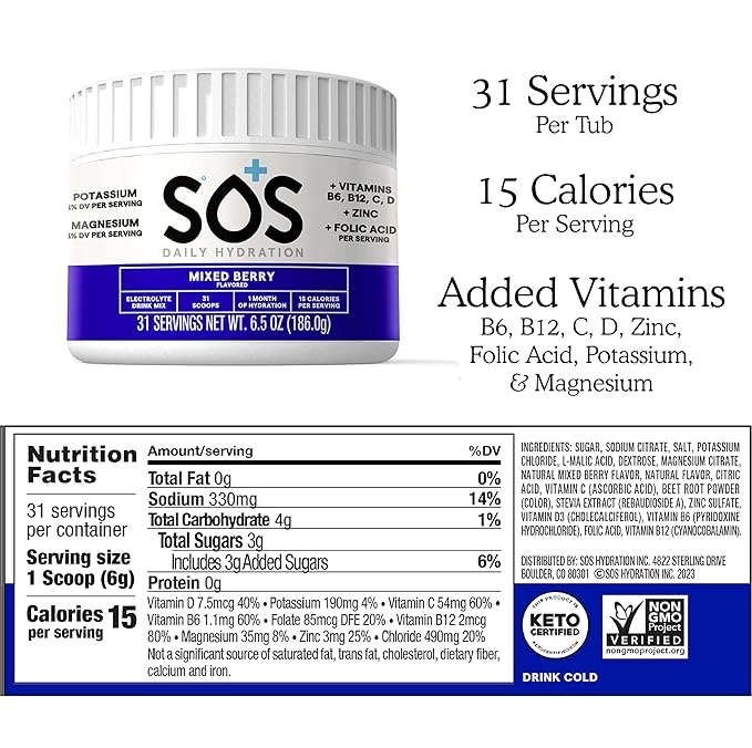 SOS Hydration Electrolyte Drink Mix (31 Servings) ??Low Sugar, 15 Calorie, Keto-Friendly & Rapid Rehydration (31 Servings, Mixed Berry)