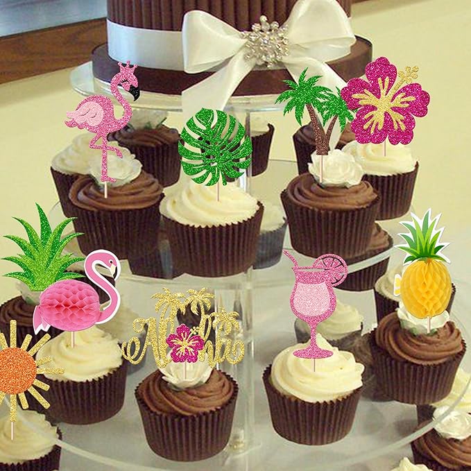 Rsstarxi 30 Pack Tropical Cupcake Toppers Glitter Flamingo Hawaiian Luau Aloha Cupcake Picks for Summer Beach Hawaiian Baby Shower Birthday Party Cake Decorations Supplies
