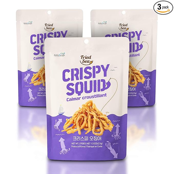 Calamari Chips Made with Real Squid [ 3 PACK ] Crunch + Crispy Healthy Snacks, Low Calorie Finger Food, Asian Snack ON THE GO by [FRIED SEA] <180 calories> Made in Korea