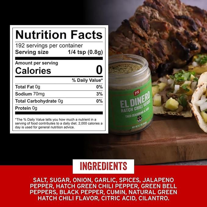 PS Seasoning El Dinero Taco Seasoning Mix - Hatch Chili Verde and Jalapeno Blend, Dry BBQ Rub for Tacos, Beans, Casserole, Chicken, Pork, Beef - Mexican Seasoning BBQ Rub for Smoking and Grilling