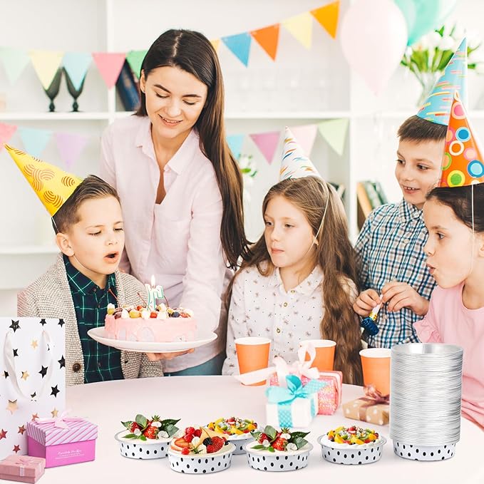 Beasea Aluminum Ramekins Disposable, 200 Pack 4" 7.3oz 215ml Baking Foil Cups Mini Ramekin Cup Cupcake Aluminum Baking Cups No Lids for Party - Black Dot in White