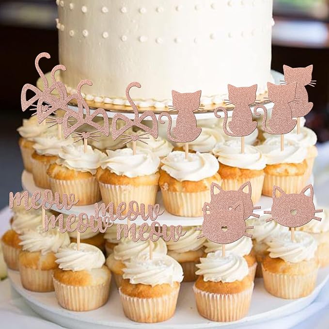 YCTHUNFISH Cat Cake Toppers - 24 Pc Black Glitter Kitten Themed Cupcake Decorations for Wedding, Birthday, Baby Shower - Rose Gold