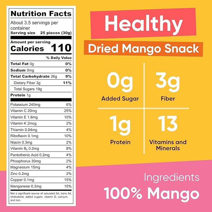 Yammy Dried Mango Chips Like Freeze Dried Fruit, No Sugar Added 1 Ingredient Healthy Snack for Adults Kids, Unsweetened Dry Slices of Mangoes, 3g Fiber, Low Calorie Vegan Gluten Free, 3.9oz Value Size