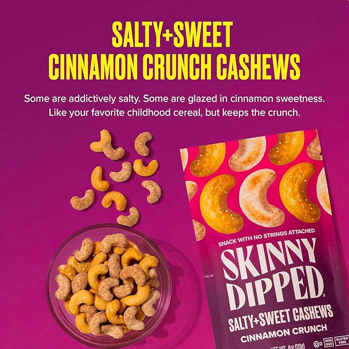 SkinnyDipped Salty + Sweet Cinnamon Crunch Cashew, Healthy Snack, Plant Protein, Gluten Free, 4 oz Resealable Bags, Pack of 5