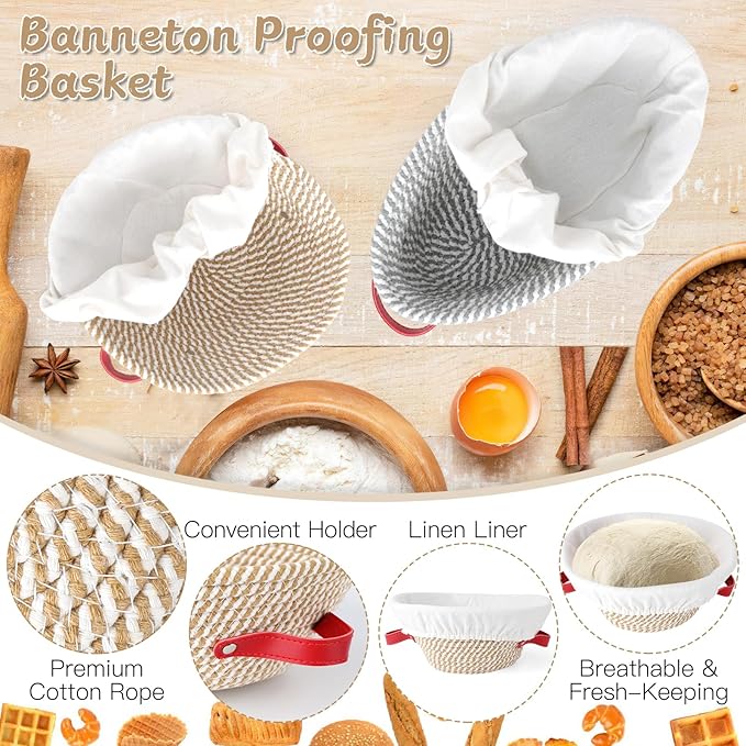 2 Pcs Banneton Bread Proofing Basket, 9 10 Inches Round & Oval Sourdough Bread Baking Supplies Cotton Rope Proofing Bowls with Liners, Sourdough Proofing Basket Gifts for Bakers