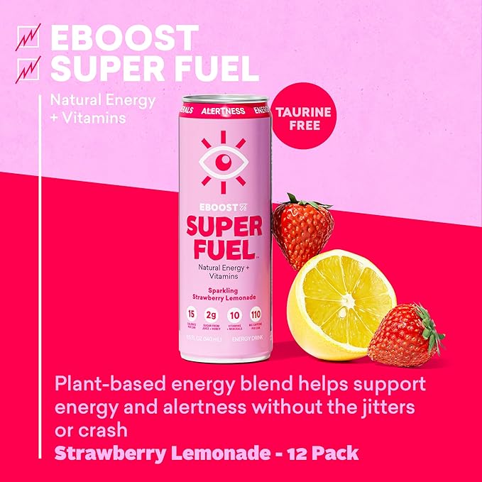 EBOOST Super Fuel Healthy Energy Drink - Caffeine from Natural & Clean Ingredients For Focus and Productivity -Taurine Free Pre-Workout With Electrolytes, Nootropic - Strawberry Lemonade, 12 Pack