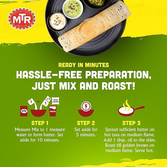 MTR Instant Dosa Mix - Ready to Cook Authentic Indian Breakfast, Lunch, Dinner or Snack Meal - No Added Preservatives - A Quick & Easy Recipe Suitable for Vegetarians - (500g, Pack of 3)