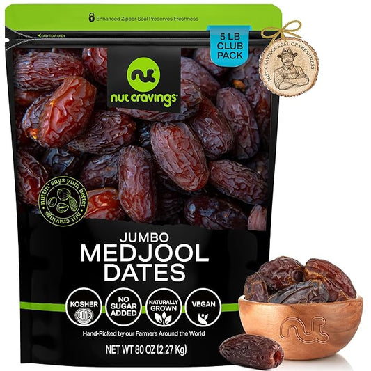 NUT CRAVINGS - Sun Dried Jumbo Medjool Dates, No Sugar Added, Unsulphured (80oz, 5 LB) Bulk Dry Fruits Packed Fresh in Resealable Bag - Sweet Healthy Snack, Naturally Grown, Vegan, Kosher