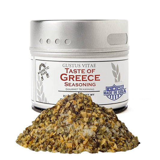 Taste of Greece | Gourmet Seasoning | Authentic Artisanal Spice Blend | Non GMO, All Natural | Handmade in Small Batches in USA | Sustainably Sourced | GLP-1 Friendly | 2.7oz | Magnetic Tin | Gustus Vitae | #8