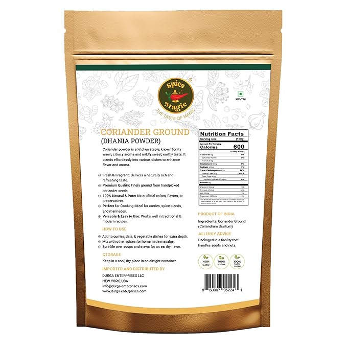 Spice Magic Ground Coriander Powder - 100% Pure & Freshly Ground, Non-GMO, Premium Quality Spice for Cooking and Seasoning- 7 oz (200 g) Resealable Bag