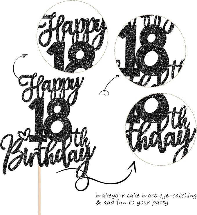 1 PCS Happy 18th Birthday Cake Topper Glitter Cheers to 18 Years Birthday Cake Pick Eighteen Hello 18 Fabulous Cake Decoration for Happy 18th Birthday Anniversary Party Decorations Supplies Black