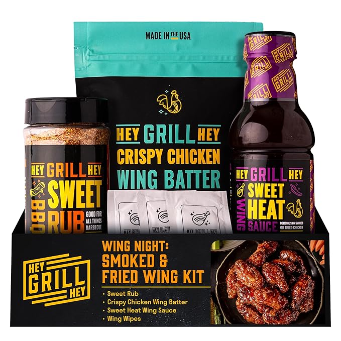 Hey Grill Hey | Chicken Wing Seasoning & Sauce Kit | All-in-one Crispy Batter, BBQ Rub, and Sweet Heat BBQ Sauce | Wing Night: Smoked & Fried Wing Kit