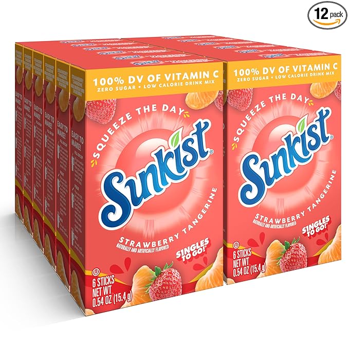 Sunkist Singles to go Drink Mix Packets, Strawberry Tangerine, 6-Count Box ??Powdered Drink Packets with Vitamin C, 72 Total Powder Sticks