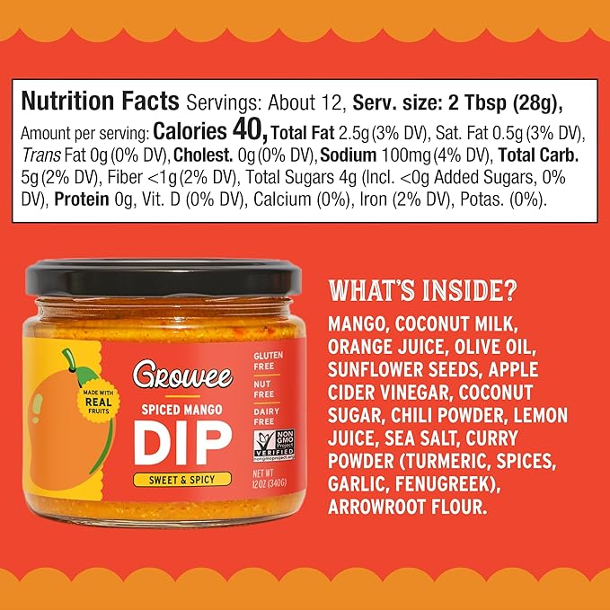 Growee Vegan Mango Dip ??Chutney Style ??Gluten-Free, Nut-Free, Queso Alternative ??Dairy-Free Hummus Substitute & Creamy Salad Dressing ??Plant-Based & Non-GMO ??Spiced Mango Flavor (2 Pack)