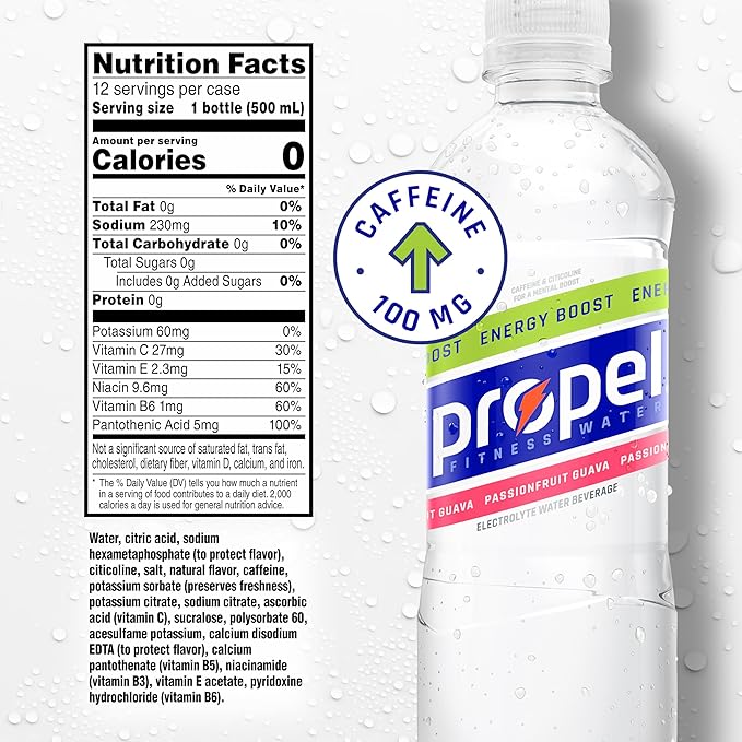 Propel Energy Boost Zero Calorie Flavored Water With Electrolytes and Caffeine, Passionfruit Guava