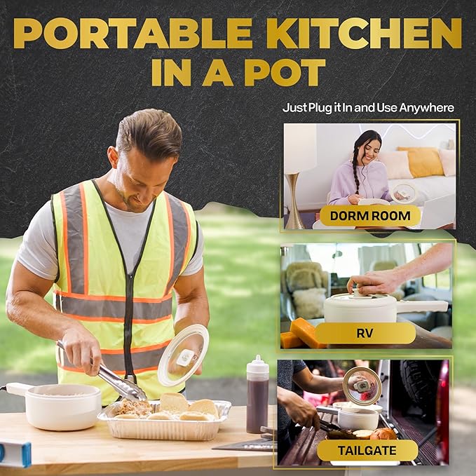 PRO 2.5L Electric Hot Pot with Lid & Steamer, Non Toxic Ceramic Cooker Skillet for Ramen, Eggs, Pasta for Dorms, Camping, RVs, Work, Adjustable Temp. - New Improved 2025 Model