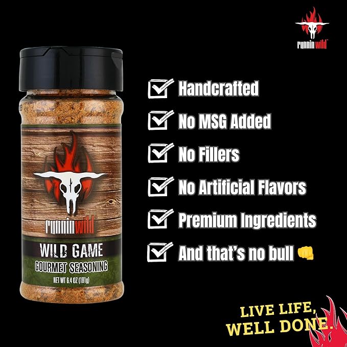 Gourmet Wild Game Seasoning | Premium Game Meat Rub for Venison, Lamb, Deer, Sausage, Jerky, Boar, Turkey, Elk, and more! | No Artificial Flavors, No MSG Added | Runnin' Wild Foods, 6.4 ounces