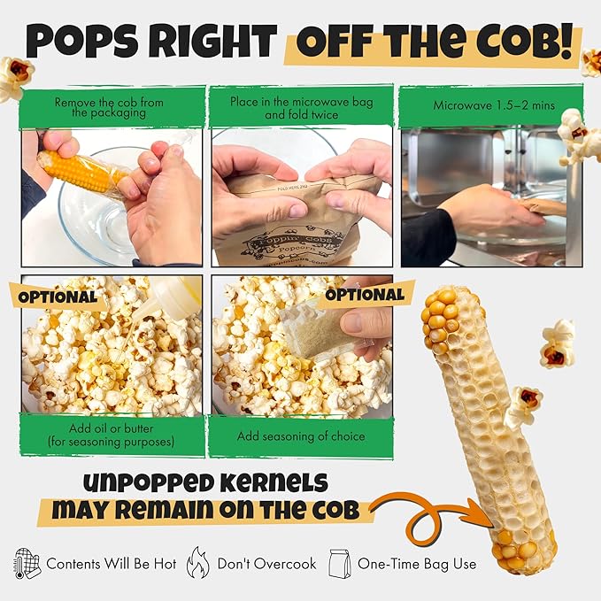 Poppin Cobs Microwave Popcorn on the Cob (3 PK) (Original) Whole Popcorn Kernels, Individually Wrapped Healthy Pop Corn on the Cob with Bags, Gluten Free Fun Snack Perfect for Movie Nights