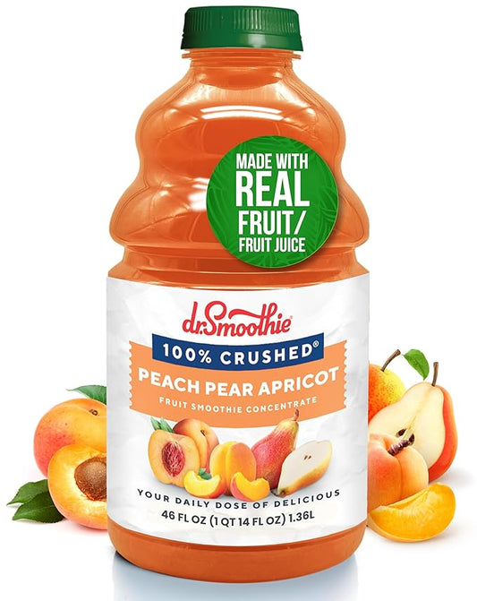 Dr. Smoothie 100% Crushed Peach Pear Apricot ??No Added Sugar, Made with Real Fruits/Fruit Juice ??Vegan, No Artificial Colors or Flavors ??Juicy Sweet Peaches, Tart Apricots & Pears ??46 oz Bottle