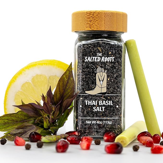 The Salted Roots - Smoked Thai Basil Salt - Infused with Thai Basil, Sauv Blanc, Lemongrass & Pomegranate - Applewood Smoked Black Hawaiian Salt - For Gourmet Cooking & Cocktails - 4oz