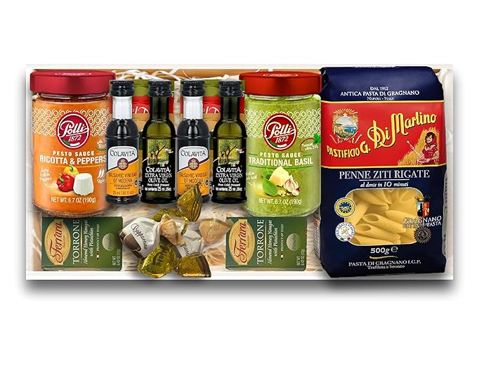Imported Italian Dinner for Two Meal Kit - Basil Pesto, Ricotta & Peppers Pesto, Pasta, Seasonings and Sweets Gift Box