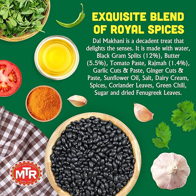 MTR - Minute Meals: Dal Makhani - Rich Black Lentil Curry - Authentic Indian Ready-To-Eat Meal - No Added Preservatives - A Quick Meal Suitable for Vegetarians, Ready in Minutes! (Pack of 6)