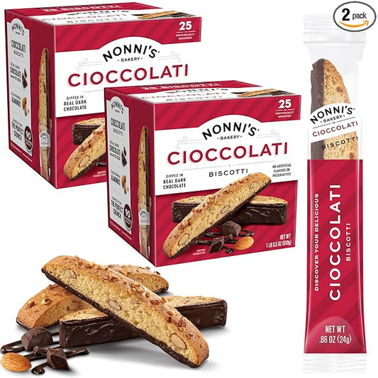 Nonni's Cioccolati Dark Chocolate Almond Biscotti Cookies ??Individually Wrapped Italian Coffee Snack, Crunchy Twice-Baked, 90 Cal Each, 21.5 oz Carton, 2 Pack