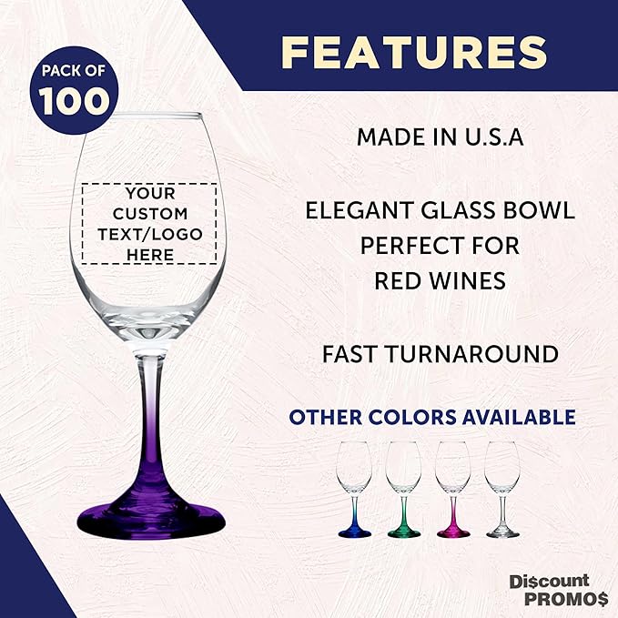 Custom Rioja Wine Glasses with Stem 10 oz. Set of 100, Personalized Bulk Pack - Color Bottom, Perfect for Wedding, Party Favors, Birthday, Bridal Shower Gifts - Purple