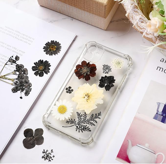 Nuanchu Pressed Flowers Bulk Dried Flower for Crafts, Dried Wildflowers Leave Natural with Tweezer for Resin Mold Scrapbooking Nail Soap Making DIY(Austere Style,Black Color)