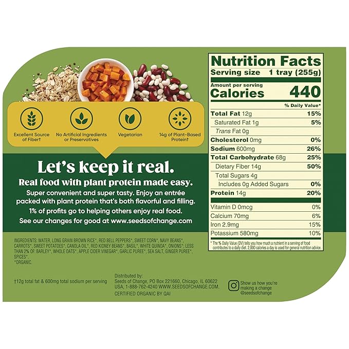 SEEDS OF CHANGE Organic Protein Bowl Harvest Herb, Prepared Entr챕e, Microwave in 90 Seconds, 9 oz (Pack of 6)