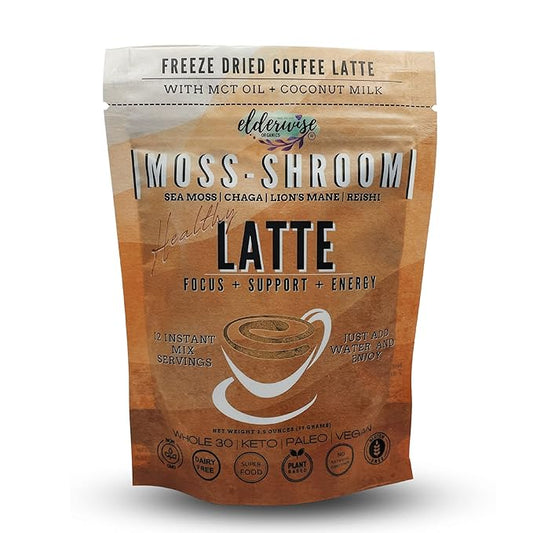 Elderwise Organics Coffee - Latte - Lion's Mane, Chaga, Reishi, Cordyceps, MCT Oil, Coconut Cream & Sea Moss - 12 Servings - Freeze Dried Instant Coffee - Chemical free - Fair Trade