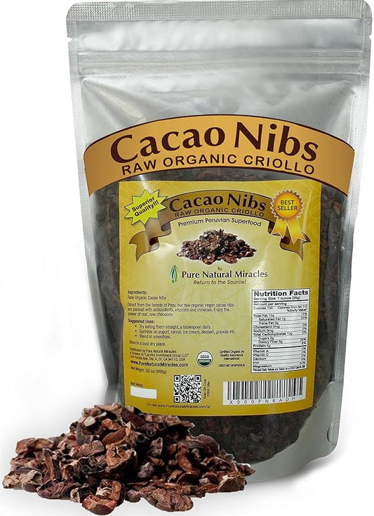 Pure Natural Miracles Cacao Nibs Unsweetened | Raw, Sugar Free, Organic Dark Chocolate Chips | Cocoa Beans for Brewing (32 oz / 2 Pound)