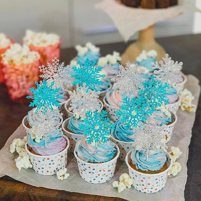 Rsstarxi 24 Pack Snowflake Cupcake Toppers Glitter Winter Wonderland Snowflake Theme Cupcake Picks Decoration for Baby Shower Kids Birthday Christmas Party Cake Decorations Silver Blue
