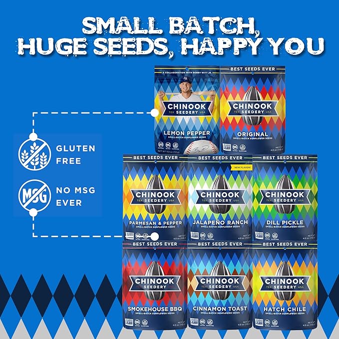 Chinook Seedery Roasted Jumbo Sunflower Seeds - Keto Snacks, Gluten-Free, Non-GMO, 8 Flavor Variety Pack 4 oz (12-Pack)