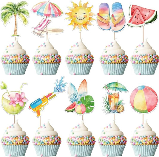 40 Pack Summer Beach Theme Cupcake Toppers Umbrella Chair Palm Tree Watermelon Coconut Cupcake Picks Hawaiian Beach Cake Decorations for Baby Shower Birthday Wedding Party Supplies