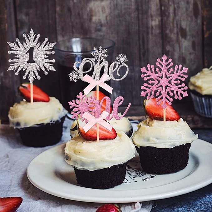 24 PCS Snowflake 1st Birthday Cupcake Toppers Glitter Bow First Birthday Snowflake One Cupcake Picks for Winter Onederland Theme Baby Shower 1st Birthday Party Cake Decorations Supplies Silver Pink