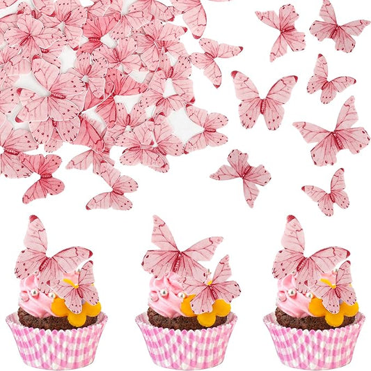 40 Pack Edible Butterfly Cake Decorations, Cupcake Toppers, Birthday Party Decorations for Wedding, Anniversary, Flower Themed Party - Pink